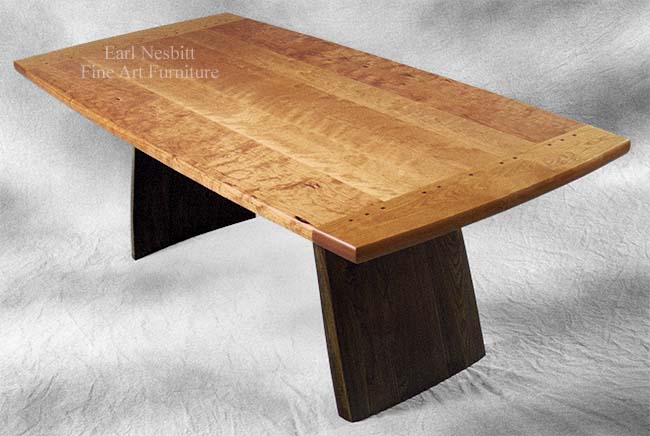 custom made cherry and walnut dining table with pegged breadboard ends